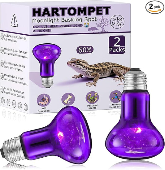 60W Reptile Night Light Bulb – Simulated Moonlight UVA Heat Lamp, Purple Basking Light for Bearded Dragons, Lizards, Snakes, Chameleons, Amphibians - 2-Pack (2.5" Diameter)