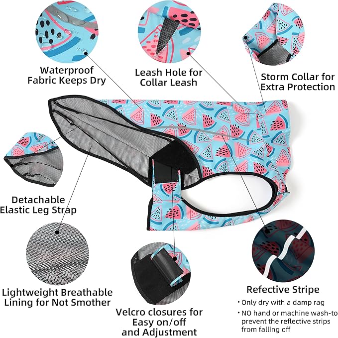 Mile High Life Dog Raincoat, Adjustable Waterproof Reflective Rain Jacket for Small Medium Large Dogs, Lightweight Breathable Pet Rain Coat with Leash Hole(Light Blue Watermelon,S Chest 22-25")