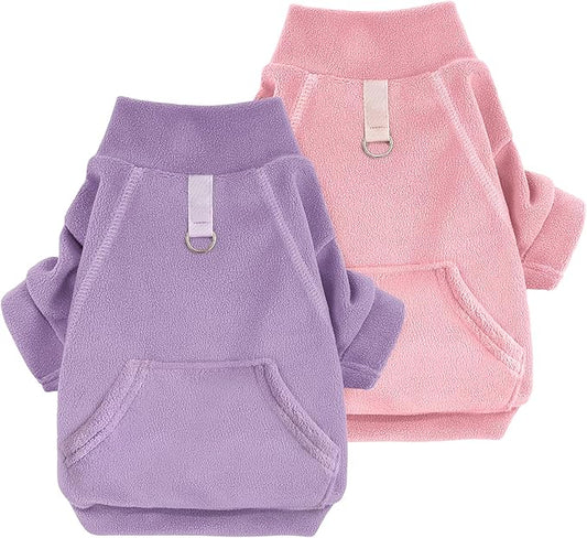 Idepet Fleece Dog Sweater 2 Pack, Winter Pet Clothes Turtleneck Sweatshirt Stretchy Small Dog & Cat Coat with Leash Ring, Pink, Purple, Small