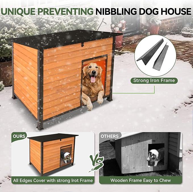 Dog House Outdoor with Prevent Chewing Iron Frame, Cat Houses Removable Floor and Open Roof for Dogs,Cats,Rabbits Animals