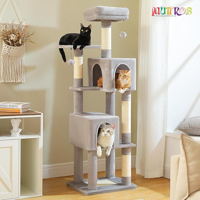 62-Inch Cat Tree for Indoor Cats, Large Cat Tower with Scratching Posts for Large Cats, 2 Bigger Plush Condos, Padded Platform, Soft Cat Bed and Scratching Pad, 2 Pompoms, Gray