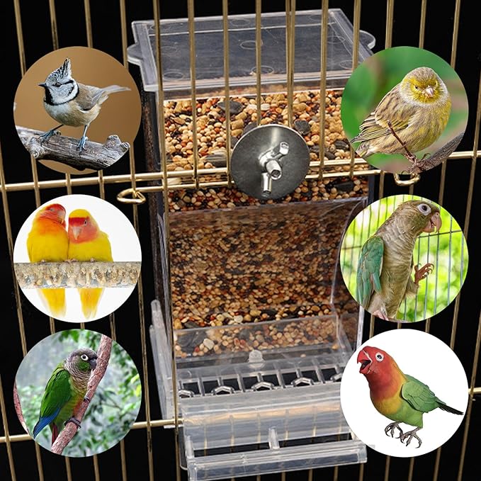 Automatic No Mess Bird Cage Feeder， 2Pack Acrylic Transparent Parrot Seed Feeders with Perch Parakeet Food Container Cage Accessories for Small and Medium Lovebirds Canary Cockatoo Cockatiel Finch