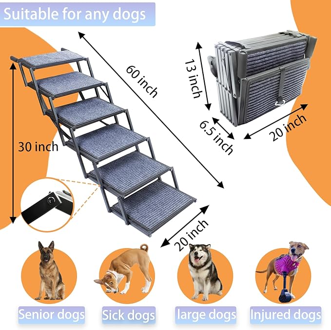 Extra Wide Dog Ramp for Car Truck and SUV Dog Stairs for Large Dogs Folding Pet Stairs with Non-Slip Rug Surface Supports Up to 280 lbs (Wide 6 Steps)