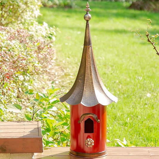 Glitzhome 32”H Metal Hanging Birdhouse for Outdoors Oversized Farmhouse Pagoda Painted Bird House with Bronze Roof for Bluebird Wren Chickadee Sparrow Bird Nest Box for Garden Patio, Retro Red