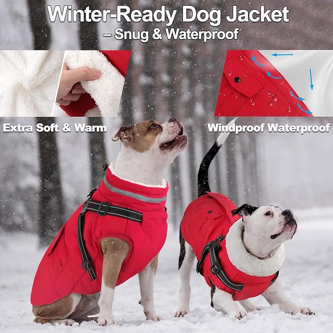 Dogcheer Dog Coat with Harness, Waterproof Dog Jacket Christmas Puppy Winter Coat with Pockets, Reflective Doggy Winter Jacket Soft Pet Fleece Snow Jacket for Small Medium Large Dogs - Red, XS