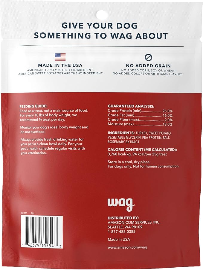 Amazon Brand - Wag Soft & Tender American Jerky Dog Treats – Turkey & Sweet Potato, 16 Ounce (Pack of 1)