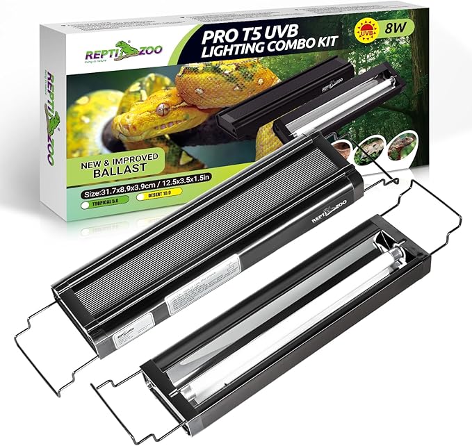 REPTI ZOO UVB Reptile Light, New Version T5 HO UVB Lighting Combo Kit, Reptile Terrarium Hood with 5.0 UVB Tube Bulb, Reptile Light Fixture 8W-12Inch