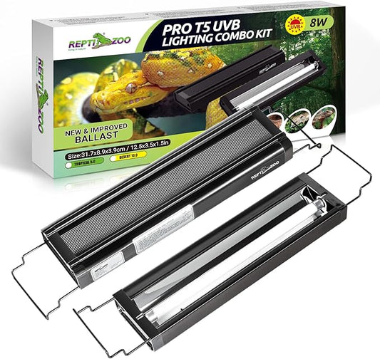 REPTI ZOO UVB Reptile Light, New Version T5 HO UVB Lighting Combo Kit, Reptile Terrarium Hood with 5.0 UVB Tube Bulb, Reptile Light Fixture 8W-12Inch