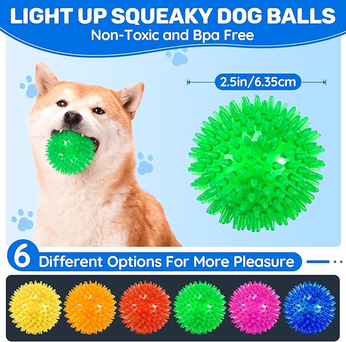 6 Pack 2.5" Light Up Squeaky Dog Balls, Spiky Dog Toy Balls for Puppy Small,Medium Dogs