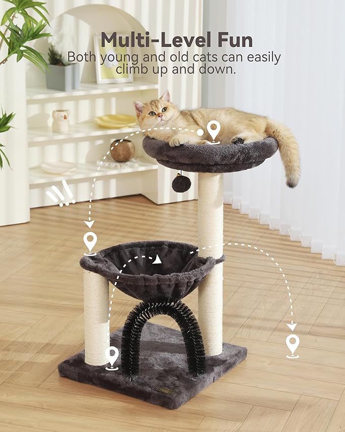 Simple Deluxe Small Cat Tree Tower for Indoor Cats, 5-in-1 27.8" Multi-Level Cat Tree with Scratching Posts, Plush Hammock, Perch, Self Groomer Brush, Dangling Ball for Kittens/Small Cats Play&Rest