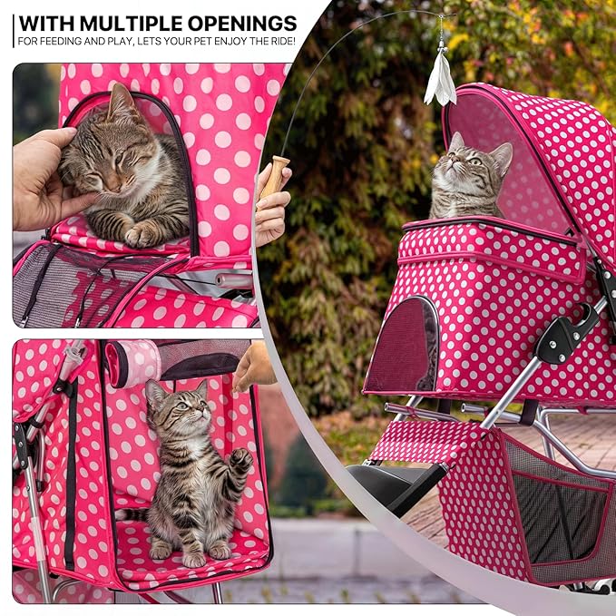 MoNiBloom 3 Wheels Pet Dog Cat Stroller for Small Medium Dogs Cats, Foldable Jogger Stroller w/Storage Basket and Cup Holder, Hot Pink Polka Dots