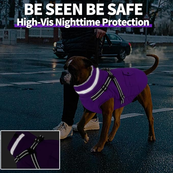Dogcheer Dog Coat with Harness, Waterproof Dog Jacket Christmas Puppy Winter Coat with Pockets, Reflective Doggy Winter Jacket Soft Pet Snow Jacket for Small Medium Large Dogs - Purple, S