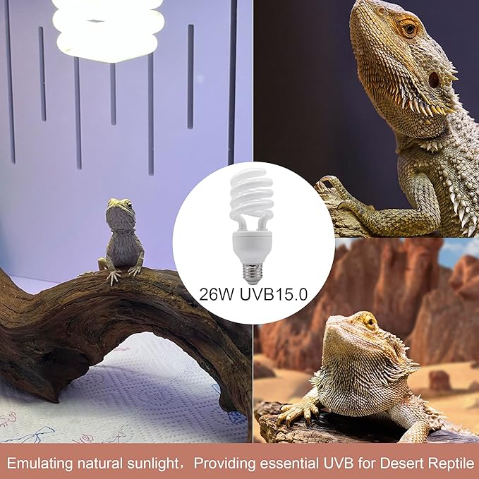 UVB Light Bulb for Reptiles, 26W 15.0 UVA UVB Heat Lamp Bulbs Ideal for Rainforest Reptiles, Bearded Dragons Lizard Turtle Tortoise Iguanas Chameleons Snake (2 Pack)