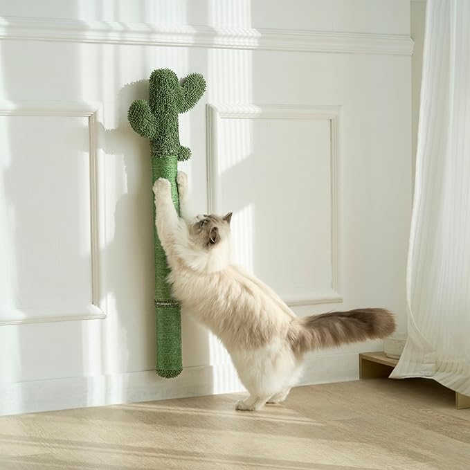 Wall Mounted Cat Scratcher – 35" Extra Tall Vertical Sisal Scratching Post with Cactus Design & Hanging Ball Toy, Space-Saving Cat Wall Climber for Indoor Cats, Green