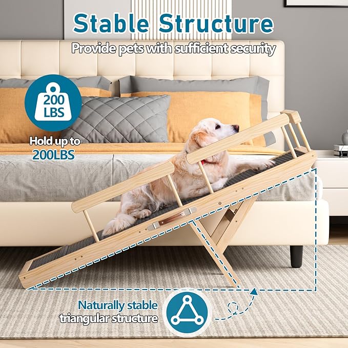 Tresbro Dog Ramp for Bed, 6 Level Adjustable 15.55'' to 26.77'' Dog Ramps with Anti-Slip Carpet & Side Rails, Portable Dog Ramp Holds up to 200LBS for Small Medium Large Dogs to Get on High Bed, Sofa
