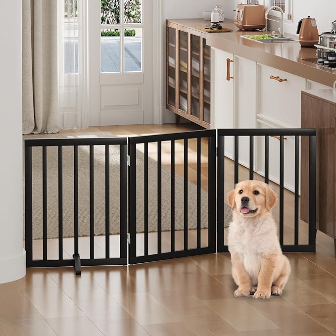 Dog Gate, Freestanding Dog Gates for Doorways, Foldable Dog Gate Indoor, Pet Gates for Doorways Bedroom, Puppy Gate with Metal Support Feet, Room Divider 3 Panels (Black)