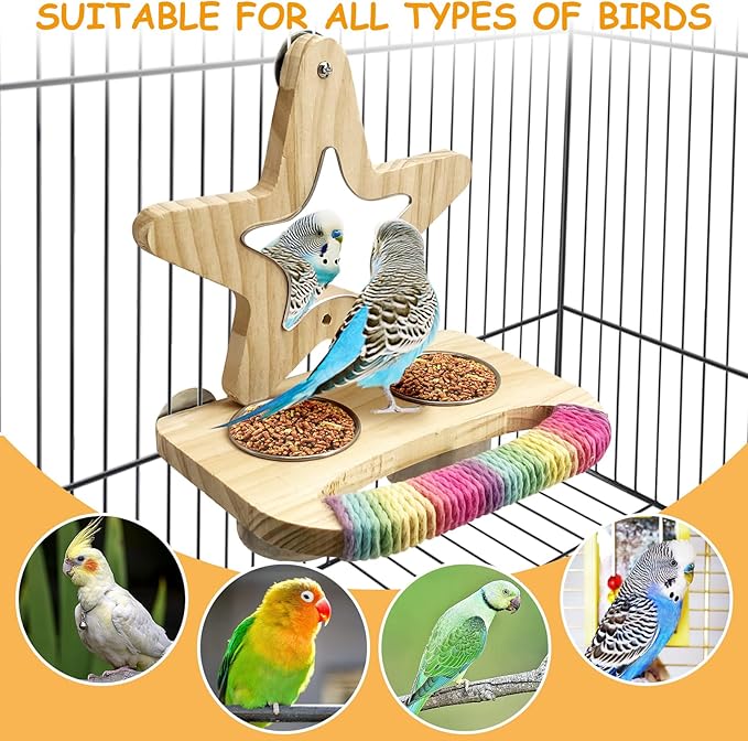 Tfwadmx Bird Parrot Wooden Feeding Cups Small Bird Feeding Dish Cups Stainless Steel Birds Bowls Food Water Bowls with Food Holder for Cockatiel Lovebirds Parakeet Finches