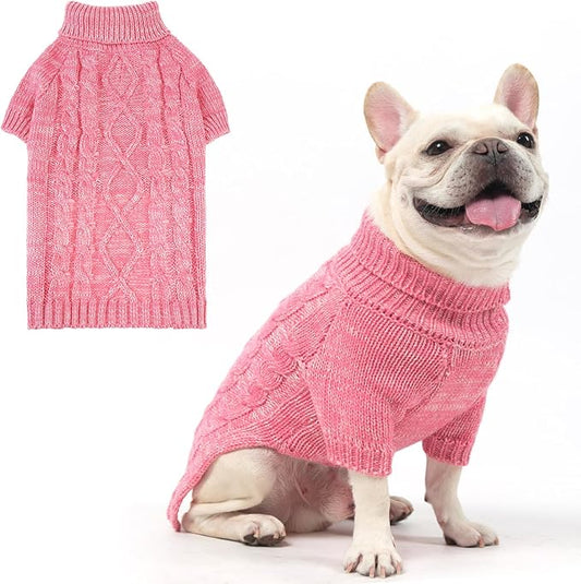KOOLTAIL Dog Sweater for Large Medium Small Dogs, Fall Dog Sweaters, Turtleneck Cable Knitwear Pet Cold Weather Coats with Leash Hole, Warm Winter Pullover Clothes for Bulldog, Yorkie,Boy Girl,Pink SM