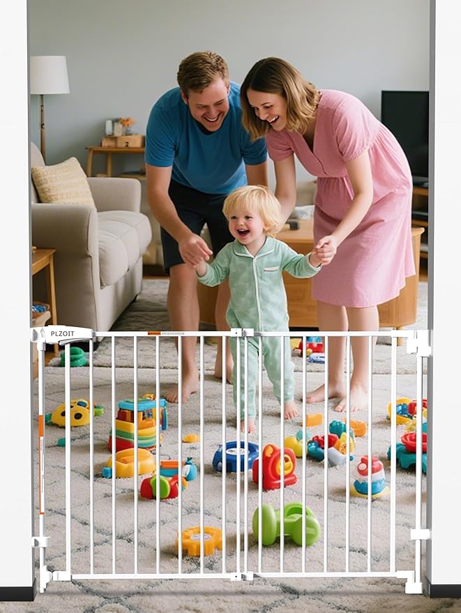 29.5-43" No Bottom Bar Baby Gate for Stairs, Auto Close Dog Gate Indoor, Hardware Mounted, Child Safety Gate for Kids with Large Walk Thru Door, Pet Gate for Doorways adn Stairs - White