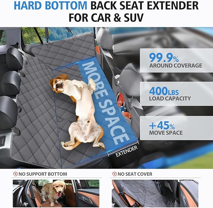 Back Seat Extender for Dogs, Dog Car Seat Cover for Back Seat, 400lbs Capacity Hard Bottom Car Seat Cover for Dogs, Waterproof Dog Hammock for Mid-Size Cars, SUVs, Trucks Grey(52‘x24.8’)