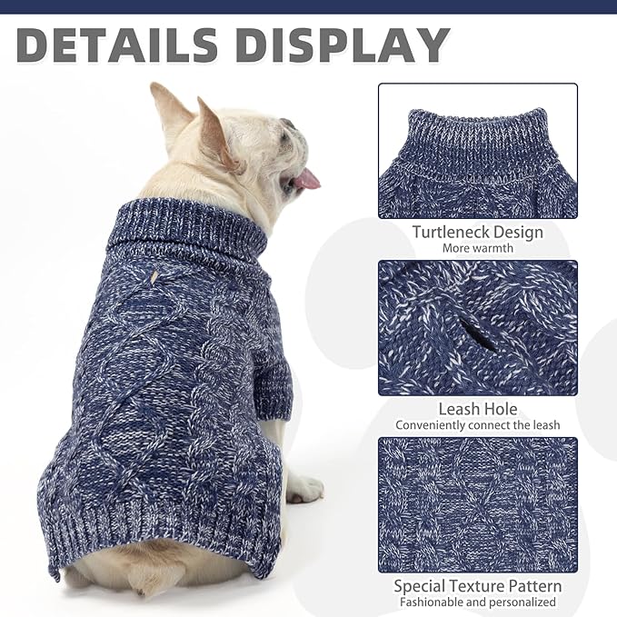 KOOLTAIL Dog Sweater for Large Medium Small Dogs, Fall Dog Sweaters, Turtleneck Cable Knitwear Pet Cold Weather Coats with Leash Hole, Warm Winter Pullover Clothes for Bulldog, Yorkie,Boy Girl,Navy SM