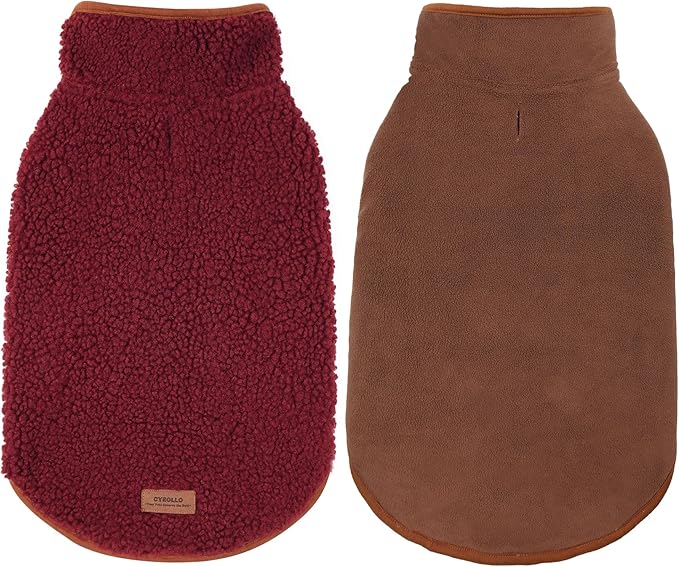 cyeollo Warm Dog Coat Fleece Sherpa Winter Sweater Coats, Turtleneck Dog Jacket Vest for Small Medium Large Dogs, Reversible Cold Weather Pet Coats, Burgundy, M