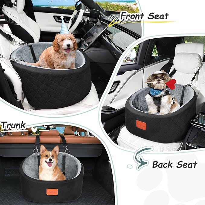 Dog Car Seat for Small Dogs Up to 30 Lbs,Ultra Soft Fabric Fill in Comfy Memory Foam,Happy Pet Ride,2 Safety Dog Leashes,Fully Detachable and Washable,Anti Slip Base(Black/Grey)