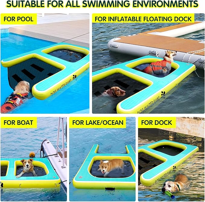 2 in 1 Dog Pool Float & Water Ramp,Upgrated Inflatable Dog Boat Ramp,63" Lx47 W Floating Dock for Medium Large Dog Up to 180LBS,Non-Slip(EVA) for Safety,High Stability,Ladder for Boat,Lake