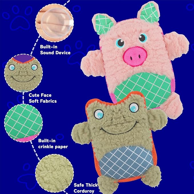 Crinkle Dog Toys Squeaky Plush No Stuffing Cute Puppy Stuffless Tough Rop Pull Toy, Fun Dog Stuffed Animals Durable Chew Set for Small Medium Large Pup (Large, Pink Pig+Green Frog)