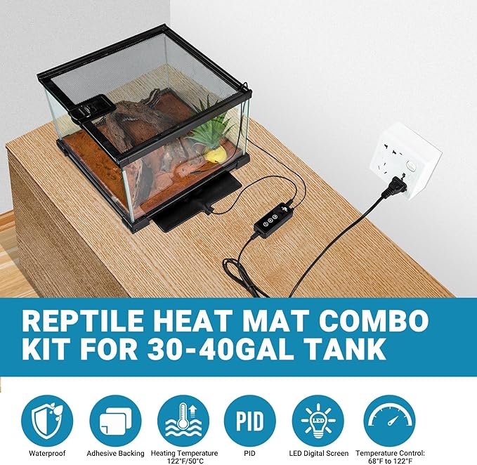 Reptile Heat Pad with Dimming Thermostat, 8" X 12" 16W Heating Pad Combo Set for 30-40 Gallon Reptile Tank, Under Tank Heater for Reptiles, Turtle, Snake, Lizard, Hermit Crab, Frogs, Seed