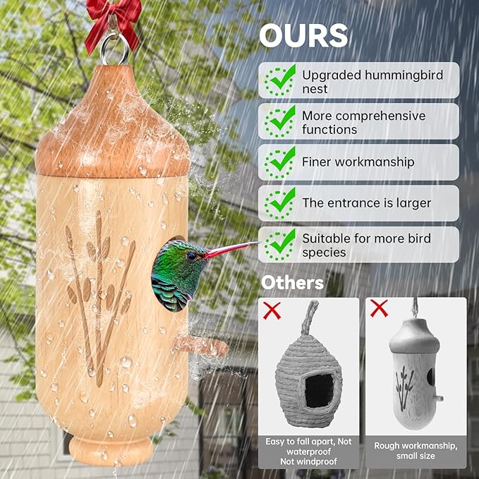 Hummingbird House, Solid Wood Hummingbird Houses for Outside-Exquisitely Handcrafted Birdhouse with Ribbon and String Hanging Kit, Durable Garden Decor, Perfect Gardening Gift(Style-F, 1 Pack)