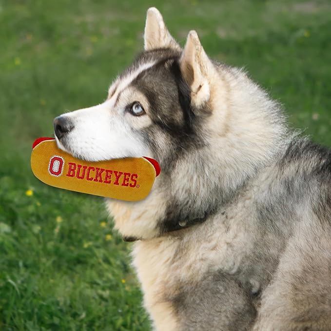 NCAA Ohio State Buckeyes HOT Dog Plush Dog & CAT Squeak Toy- Cutest HOT-Dog Snack Plush Toy for Dogs & Cats with Inner Squeaker & Beautiful Football/Basketball Team Name/Logo