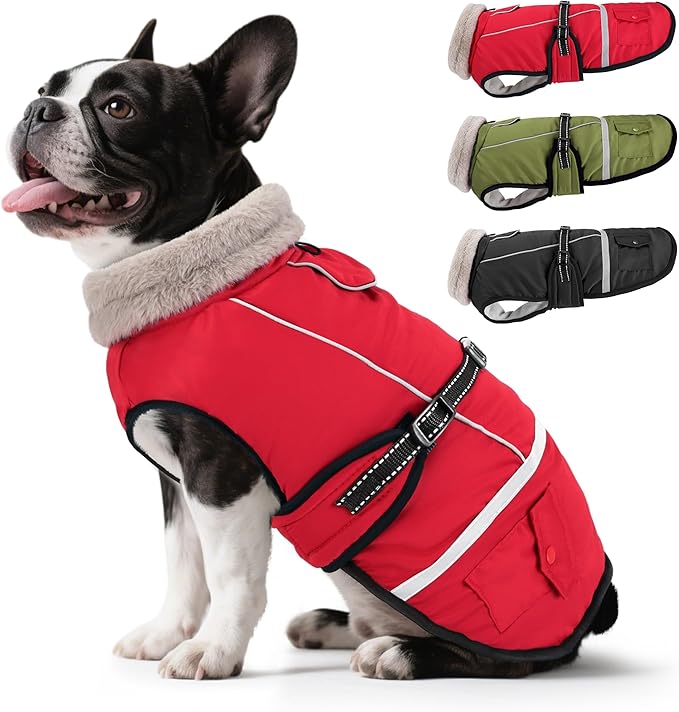 Dog Coat, Dog Winter Coat Jacket Waterproof for Small Dogs, Pet Vest Warm Fleece Cozy for Cold Weather, with Harness Built in Reflective, Dogs Snowsuit Windproof, Adjustable Buckle