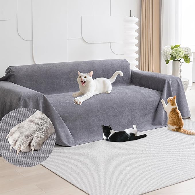 Loiion Cat Scratch Furniture Protector - Anti-Slip, Waterproof Sofa Cover to Keep Cats Off, Pet-Friendly Couch Protectors for 3 Cushion Couch, Gray Anti-Scratch Couch Cover for Pets and Kids 118"X71"