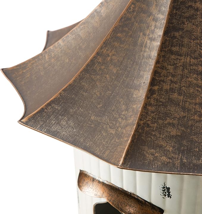 Glitzhome 29.75”H Metal Hanging Birdhouse for Outdoors Oversized Farmhouse Pagoda Painted Bird House with Bronze Roof for Bluebird Wren Chickadee Sparrow Bird Nest Box for Garden Patio, Washed White