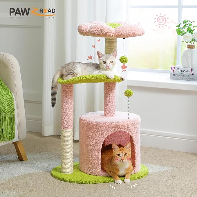 PAWZ Road Flower Cat Tree Pink 32” Small Cat Tower Cat Scratching Post with Curved Perch, Cozy Cats Condo Removable Flower Bed for Kittens and Small Cats-Pink