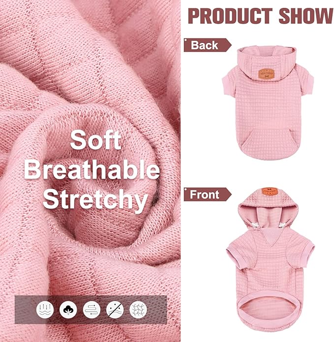 BEAUTYZOO Small Dog Hoodie Sweater with Pockets, Dog Clothes for Small Medium Dogs Boy Girl, Waffle-Like Laminated Cotton Pet Coats with Hat and Leash Hole, Pink XL