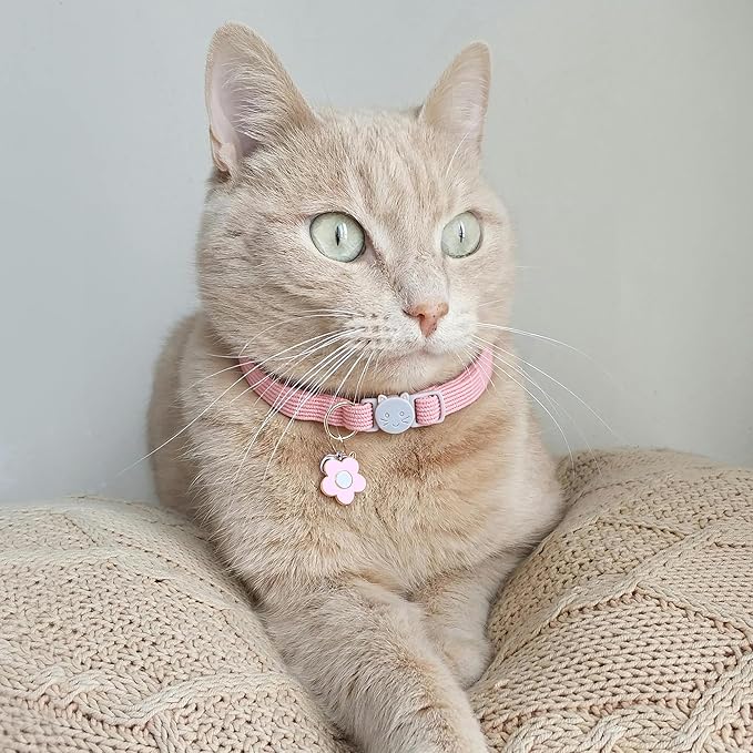 2 Pack Cat Collar with Bells, Corduroy Adjustable Kitten Collars with Breakaway Safety Buckle for Boy Girl Cats-Green Pink