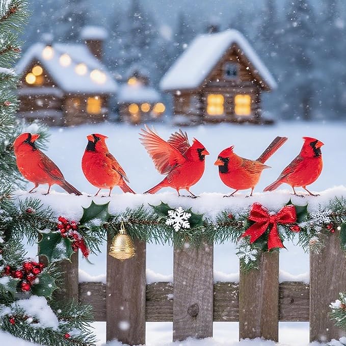 HUYIENO 5PCS Vivid Metal Birds Fence Decor Color Painted Outdoor Garden Natural Bird 2D Sculptures for Outdoor Fences, Patio, Garden and Bird Lovers (Cardinal)