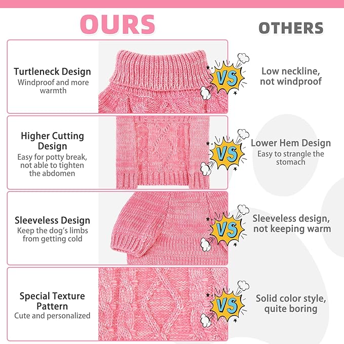 KOOLTAIL Dog Sweater for Large Medium Small Dogs, Fall Dog Sweaters, Turtleneck Cable Knitwear Pet Cold Weather Coats with Leash Hole, Warm Winter Pullover Clothes for Bulldog, Yorkie,Boy Girl,Pink SM