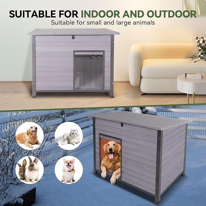 Dog House Outdoor with Prevent Chewing Iron Frame, Cat Houses Removable Floor and Open Roof for Dogs,Cats,Rabbits Animals