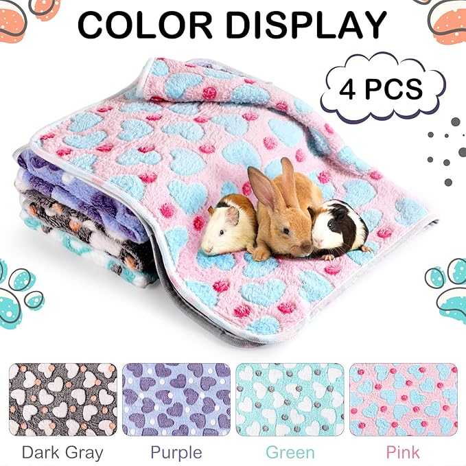 4 Pcs Waterproof Guinea Pig Blankets Washable Small Animal Fleece Bedding Absorbent Guinea Pig Cage Liners Reusable Pet Pee Pad Sleep Mat Pad Cover for Hamster Ferret (Heart Pattern,24 x 47 Inch)