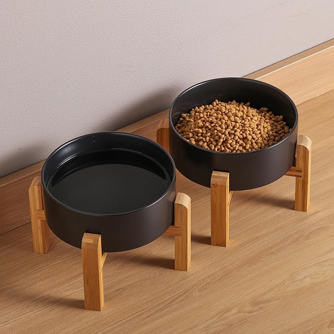 Black Elevated/Raised Dog Bowl Ceramic for Medium Large Sized Breed,Dog Food Water Bowl with Stand,8 in 7.6 Cups Non Slip Heavy Weighted Dog Dish