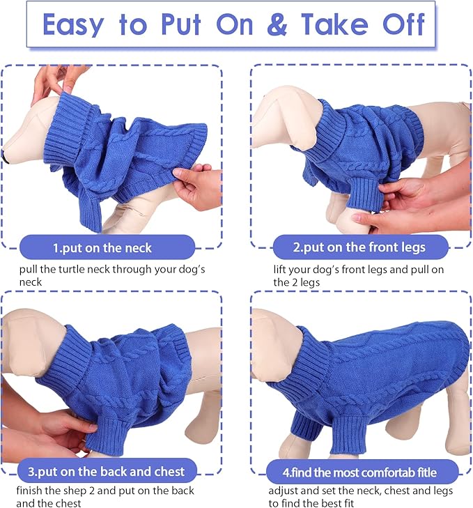 Queenmore Small Dog Pullover Sweater, Cold Weather Cable Knitwear, Classic Turtleneck Thick Warm Clothes for Chihuahua, Bulldog, Dachshund, Pug (Royal Blue, Small)