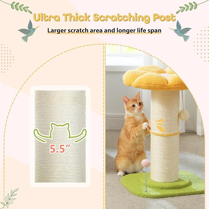 PEQULTI Flower Cat Scratching Post, Small Cat Tree, Scratcher for Indoor Cats with Super Thick Scratching Post [Dia=5.5''], Removable Flower Bed, Cat Scratch Post with Spring Ball, Yellow