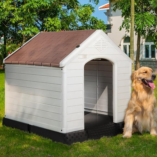 PUKAMI Plastic Dog House Outdoor Indoor for Small to Large Sized Dogs,Durable Waterproof Puppy Shelter with Elevated Floor and Air Vents,Ventilate & Easy Clean and Assemble (Brown, 42inch)