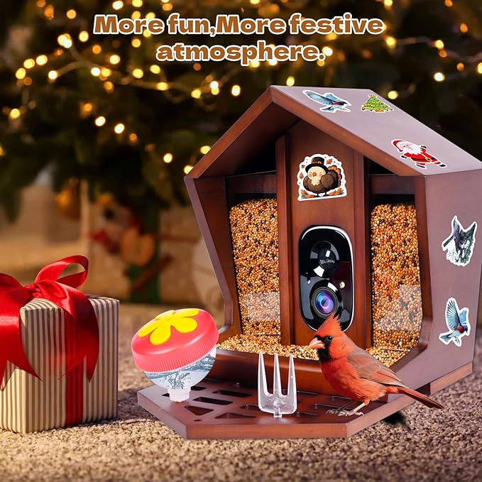 Smart Bird Feeder with Camera Solar Powered AI Identification 10,000+ Bird 2K UHD Video Live Instant Arrival Alerts and Real-Time Motion Detection Weatherproof Bamboo for Outdoor Birds Lovers