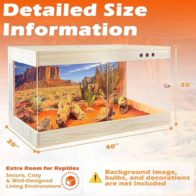 Royxen Tempered Glass Reptile Tank 62 Gallon,Reptile Enclosure with Metal Mesh Top and Lockable Design, Bearded Dragon Tank for Lizard Habitat,40"x20"x20", Oak