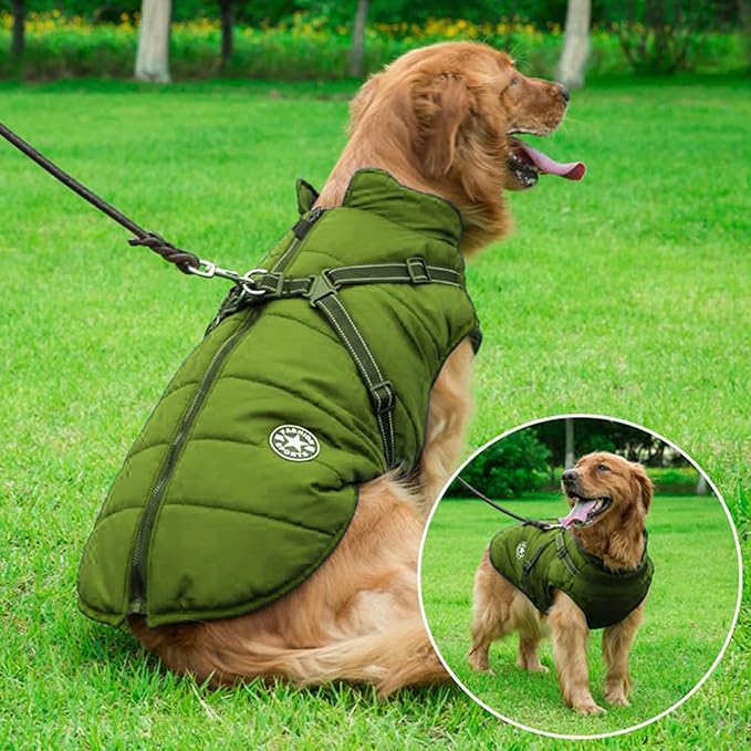 Aiboria Dog Jackets for Winter Windproof Waterproof 2 in 1 Outfit Cold Weather Coat Dog Vest Harness Puppy Winter Warm Jacket Large Green 3XL