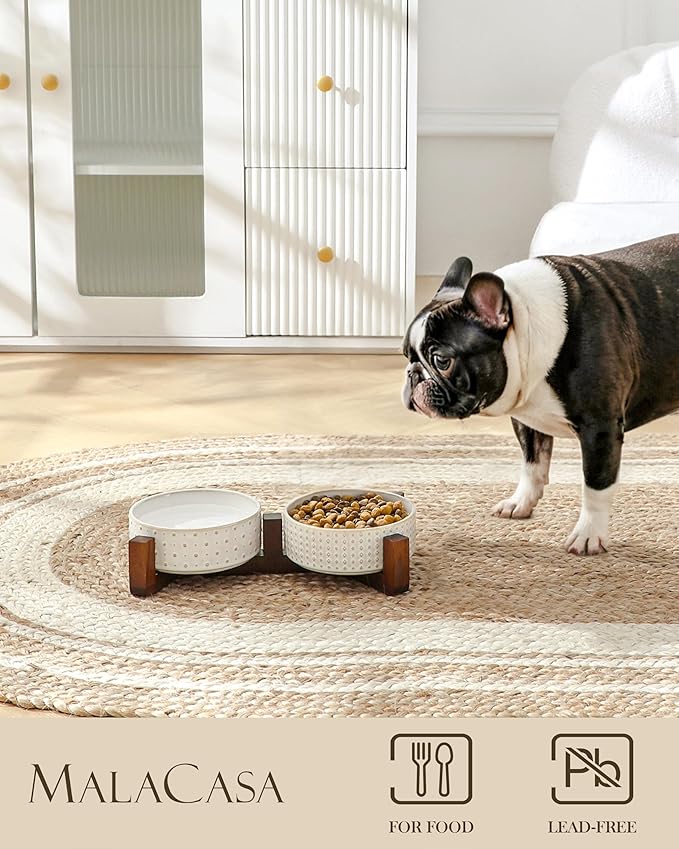 MALACASA Dog Bowl Set with Walnut Wood Stand, 1.5 Cups Ceramic Pet Bowls for Puppy Dogs, Dual Food and Water Bowls with Weighted Non-Slip Base, Basic Bowls for Your Dog or Cat, Rhombic & Polka Dots